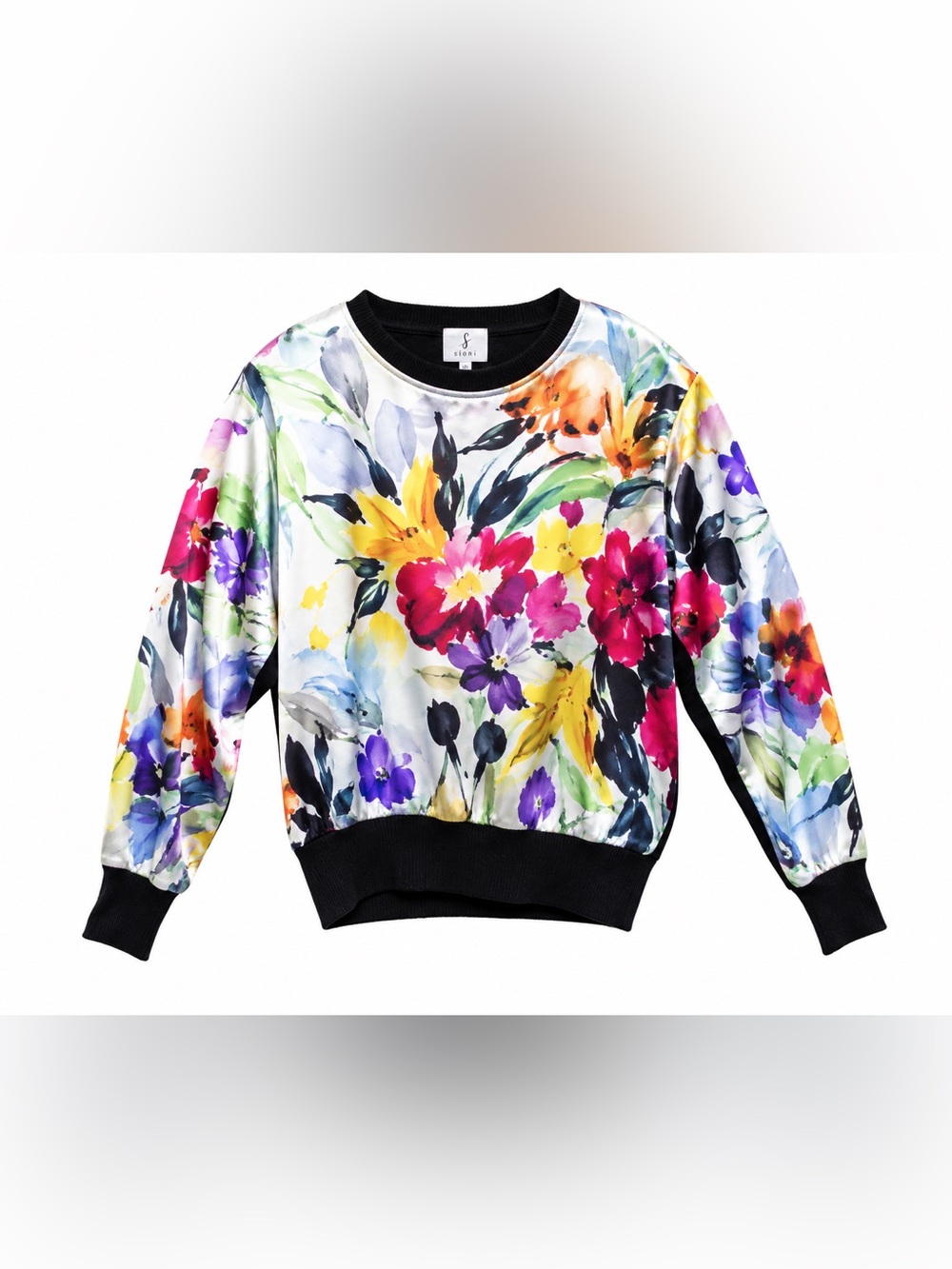 Sioni Floral Satin Mixed Media Black Sweatshirt Small